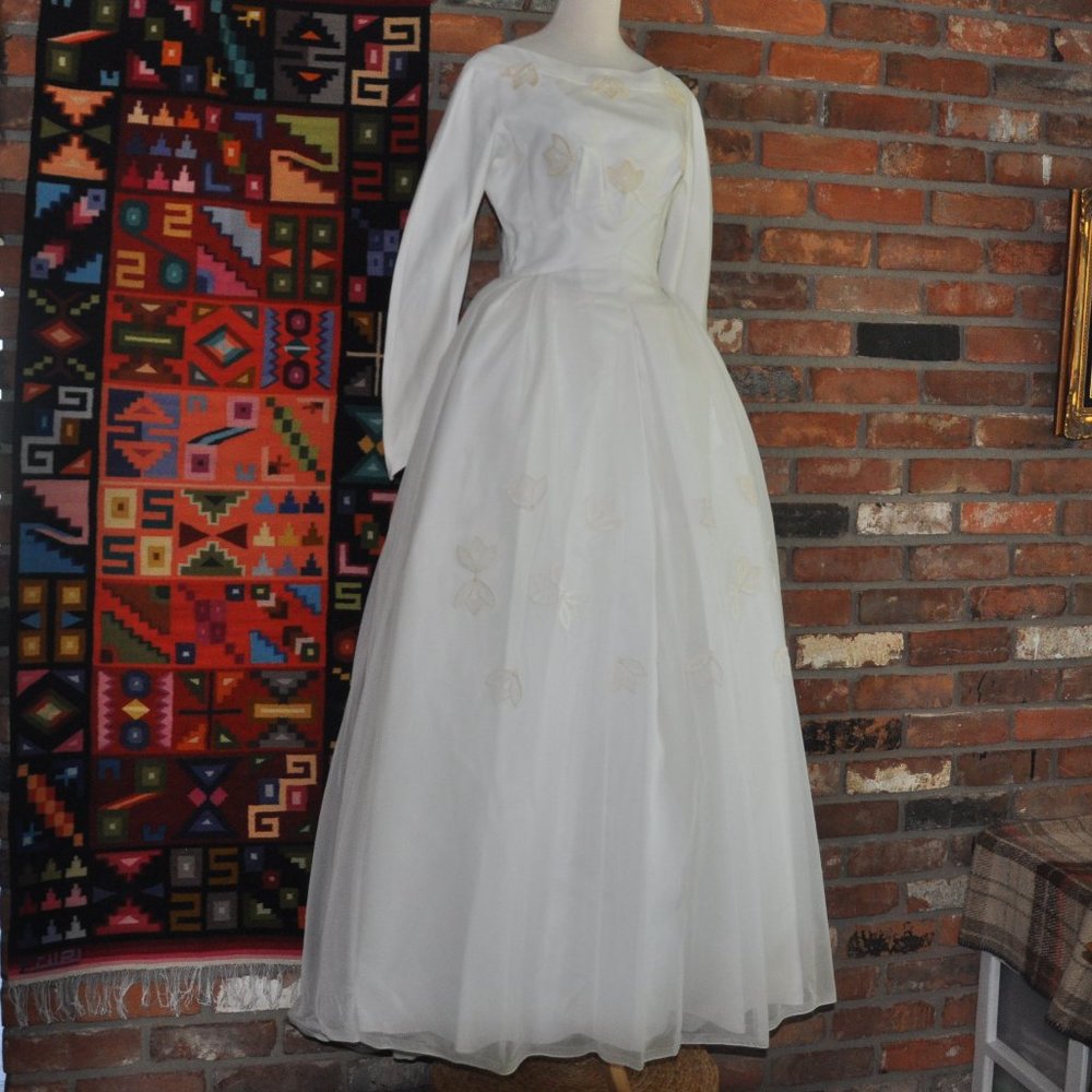 Vintage 50s 60s ILGWU Unoin Made Crinoline Modest Wedding Grad Dress Gown S - Picture 4 of 13